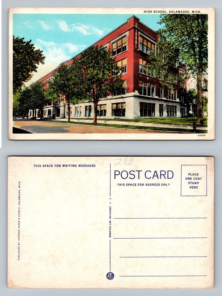 Kalamazoo, MI-Michigan, Red Brick High School View PC Vintage Postcard