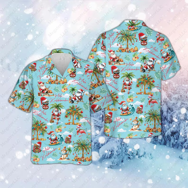 Tropical Christmas Hawaiian Shirt Santa Mens Holiday Beach Aloha Party Gift