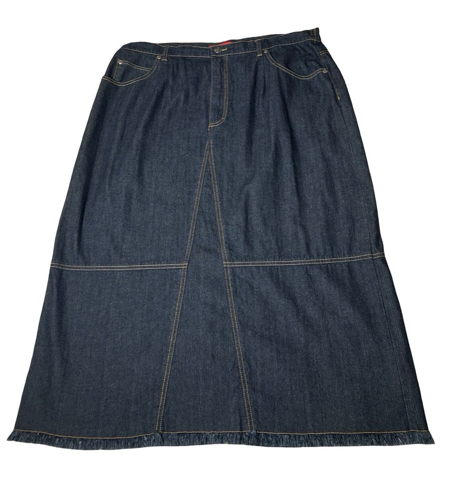 VTG Denim Maxi Skirt Plus Size 18W Blue Medium Wash Frayed Hem Back Slit Paneled