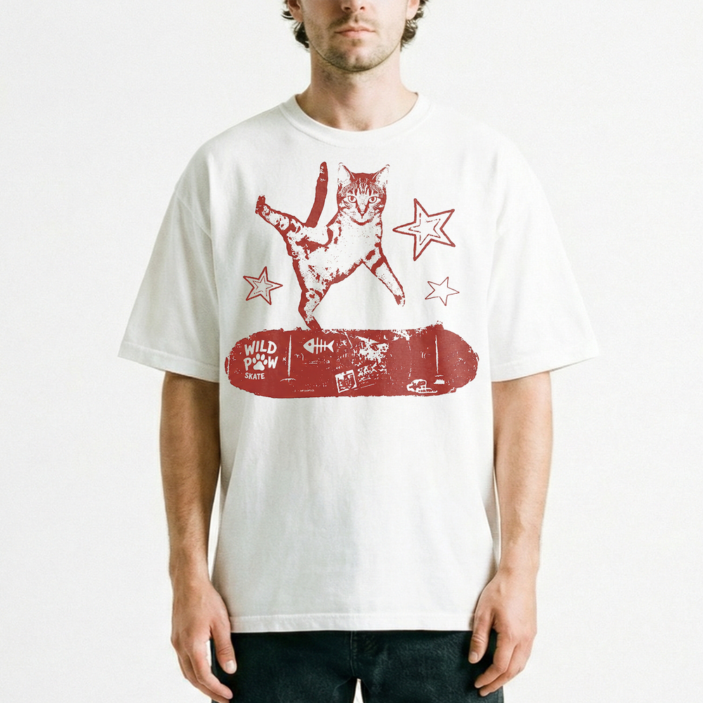 Wild Paw Skate Red Cat Skateboard T-Shirt Retro Punk Stars Distressed Kitty Tee