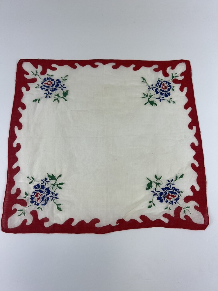 Vintage Ladies Hanky Spring flowers Bright Red Blue  Handkerchief Hanky