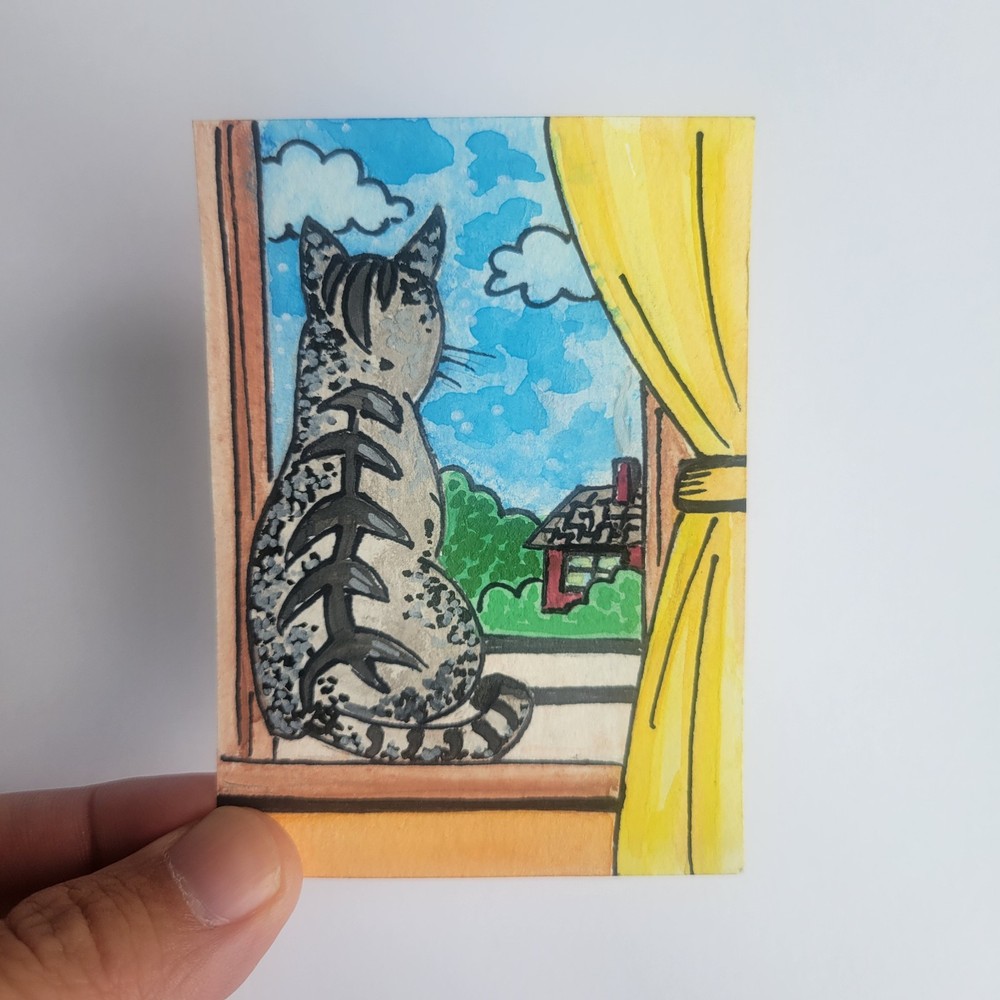 ACEO Original Cat in Window Watercolor Acrylic Painting Mini Art Card Signed