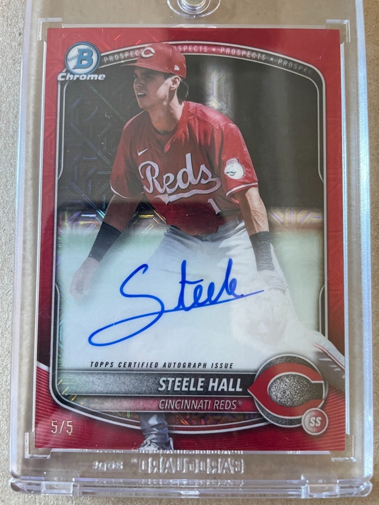 PRICE DROP!  STEELE HALL 5/5 AUTOGRAPH! 2025 BOWMAN DRAFT RED MOJO COLOR MATCH!