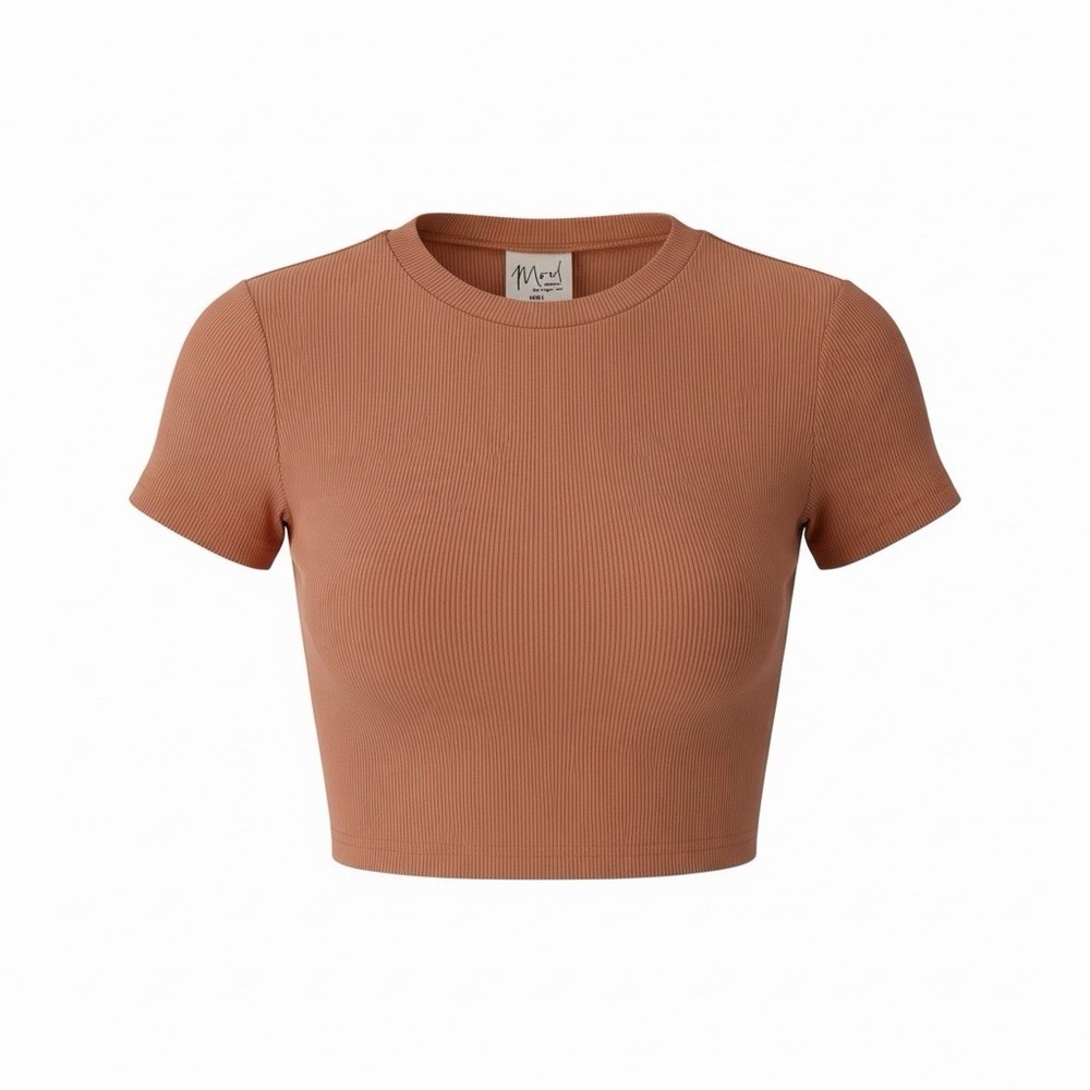 Mood Women’s Small Salmon Pink Ribbed Fitted Crop Top Short Sleeve Baby Tee