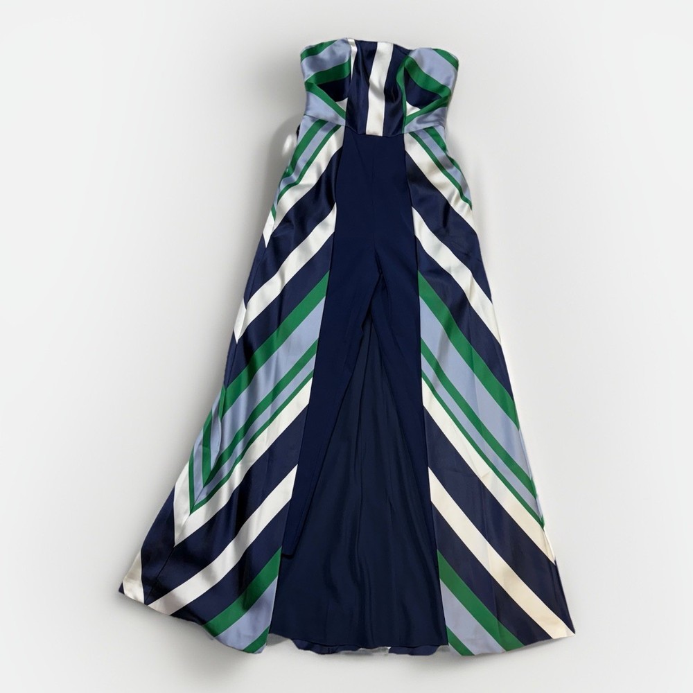 NWT Kay Unger Francine Walk Thru Jumpsuit Deep Navy Stripe Jacquard Fabric Sz 4