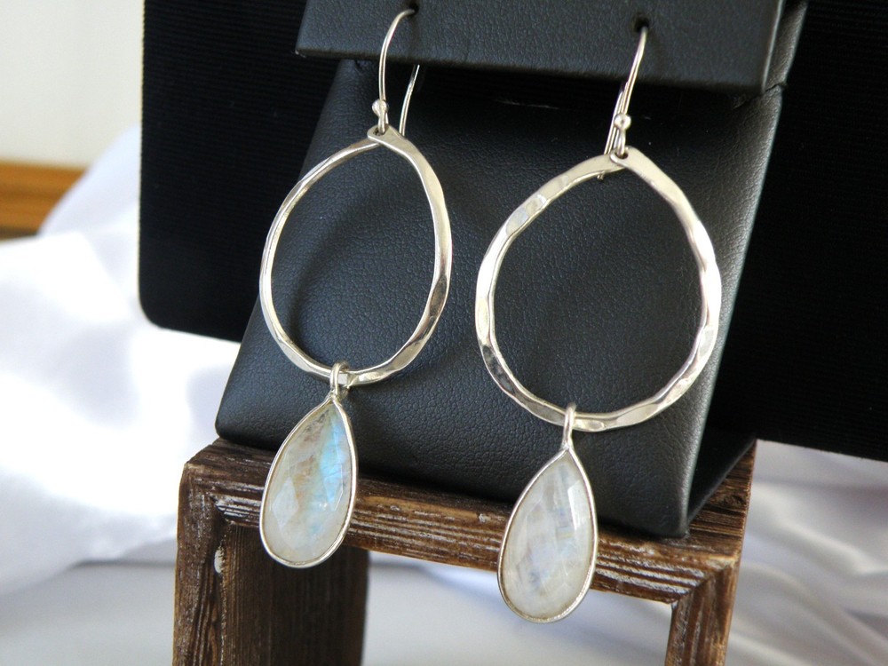 Vintage Sterling Silver 925 Faceted Rainbow Moonstone Drop Dangle Earrings