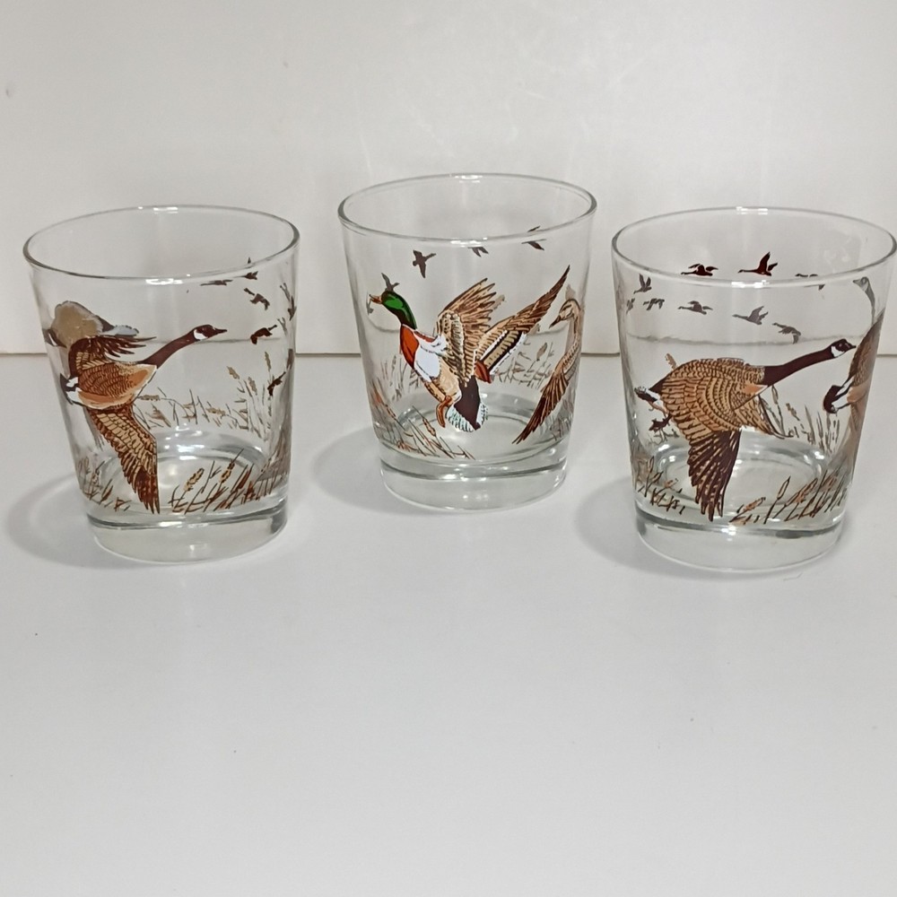Set of 3 Clear Glass Rocks Glasses Geese Mallard Duck Birds Hunting