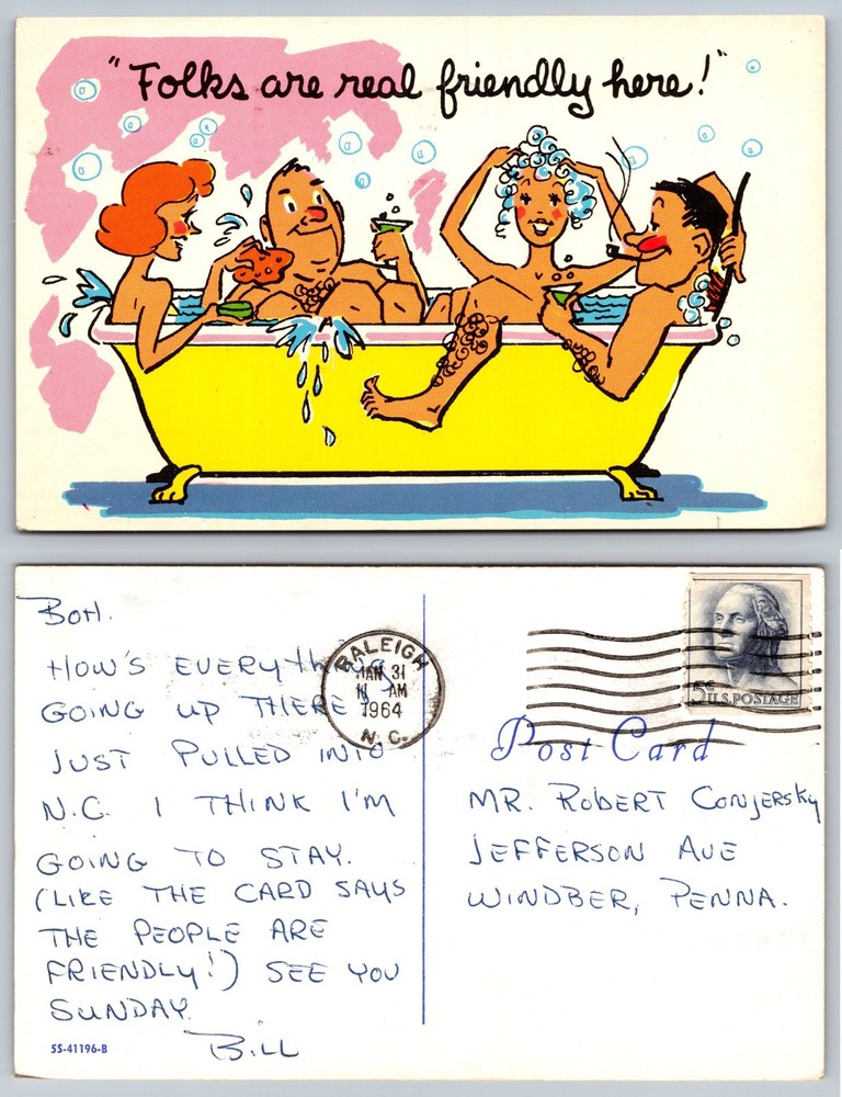 Friendly Cartoon Bathtub Humor Postcard