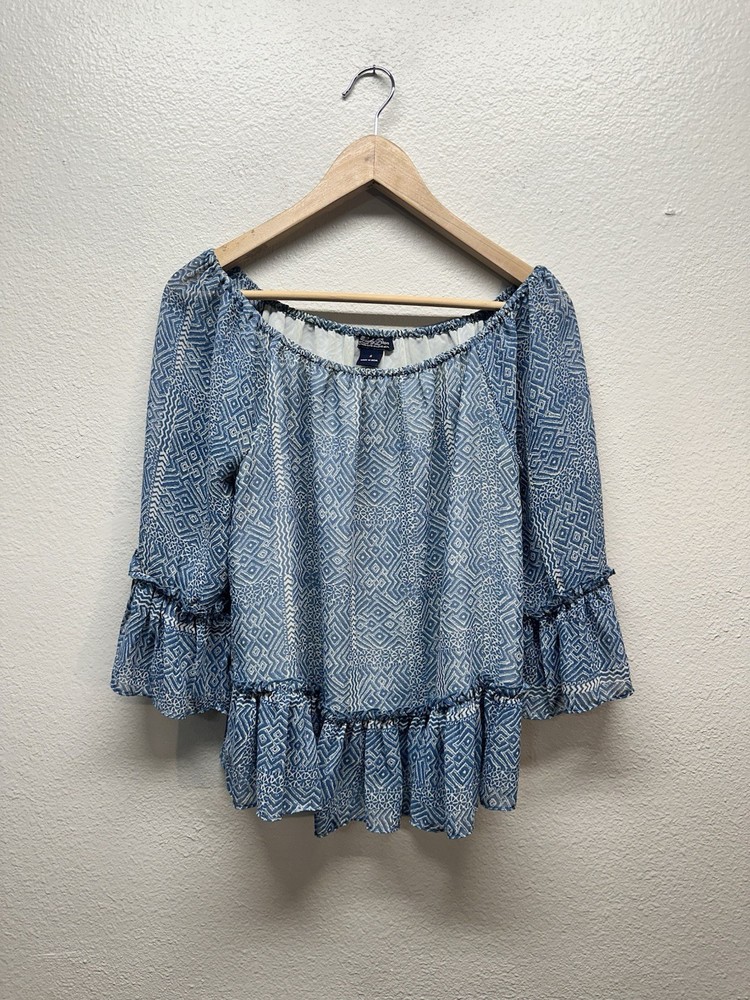 Lucky Brand Boho Indie Top Blue White Off Shoulder Peasant Ruffle Small