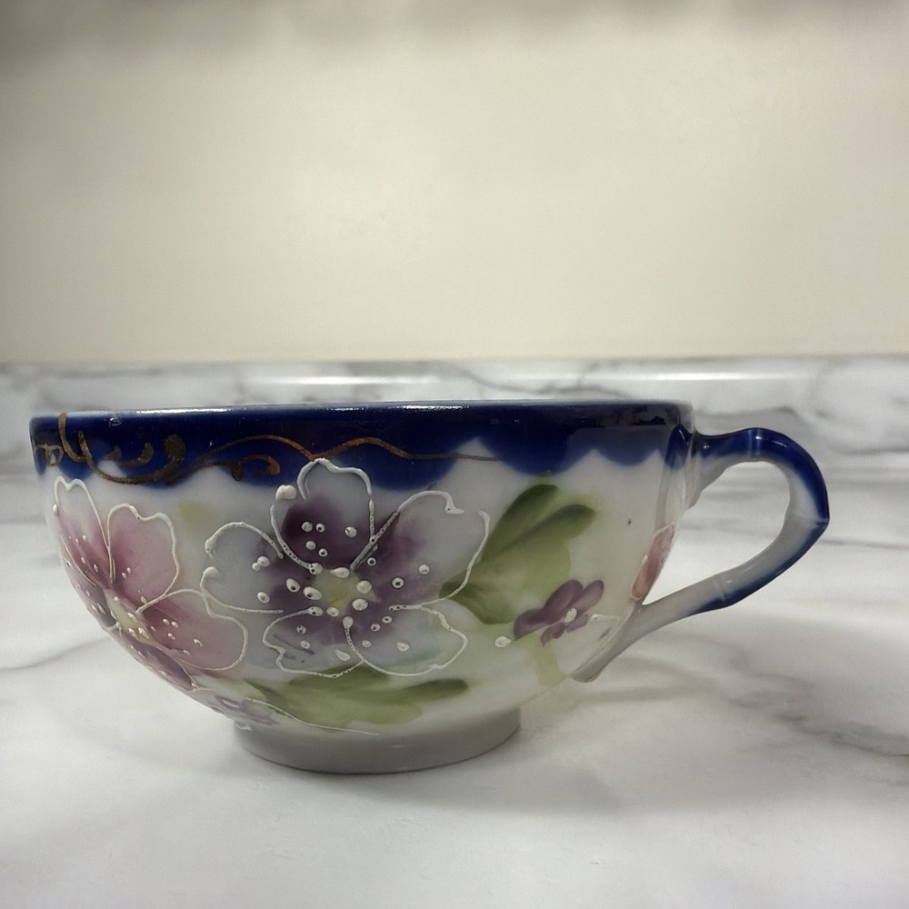 Moriage Vintage Hand Painted Floral Porcelain Teacup Blue MCM Japan