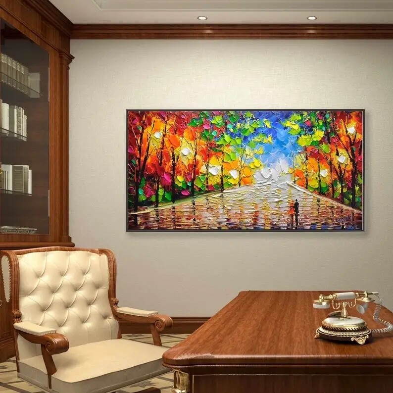 Handmade Autumn Forest Paintings on canvas Wall Art colorful Mountain Lake