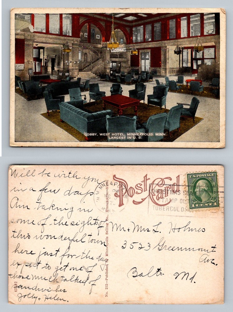 Minneapolis, MN-Minnesota, West Hotel Lobby Interior Seating Vintage Postcard