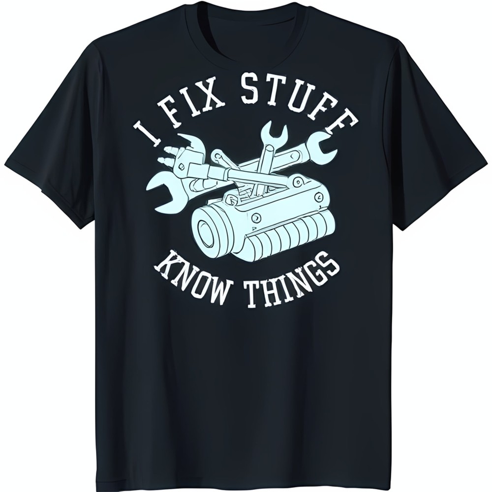 Black T-Shirt with Robot Graphic & Wrenches I FIX STUFF KNOW THINGS Design