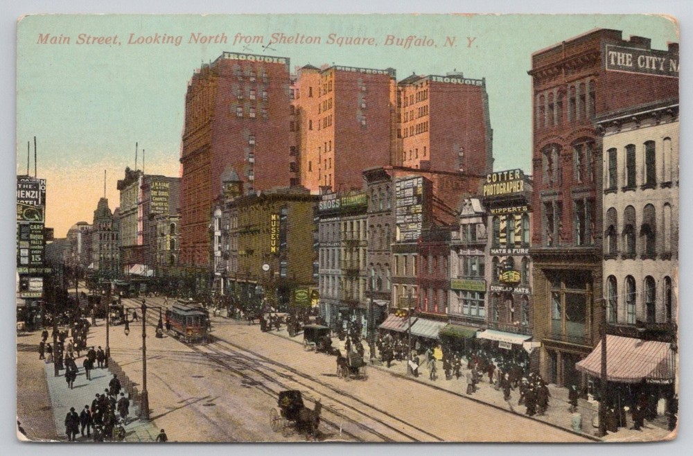 Main Street Buffalo NY 1913 Postcard - Shelton Square Iroquois Hotel Trolley