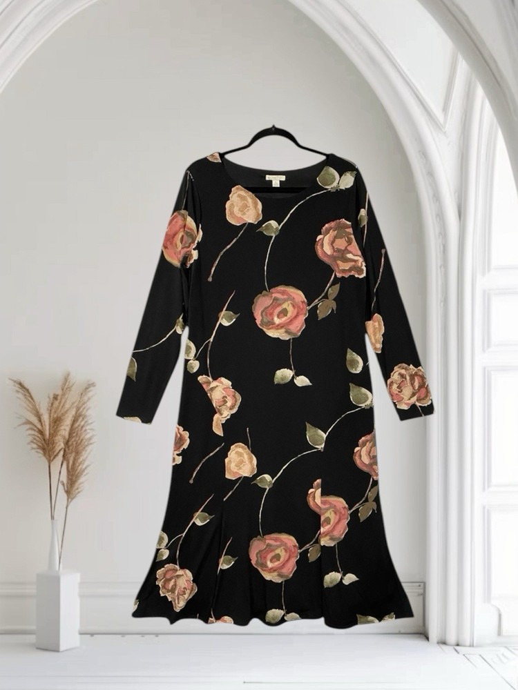 Cato Women’s Black Floral Midi Dress Size Large Art To Wear Fall Holiday Chic