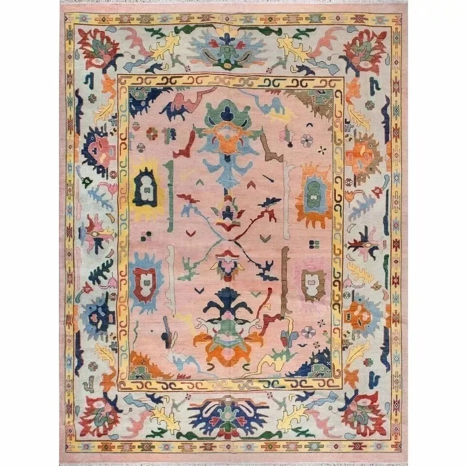 Hand Knotted Oushak Rug Pink Pastel Multi Color 9x12 Wool Area Rug Large