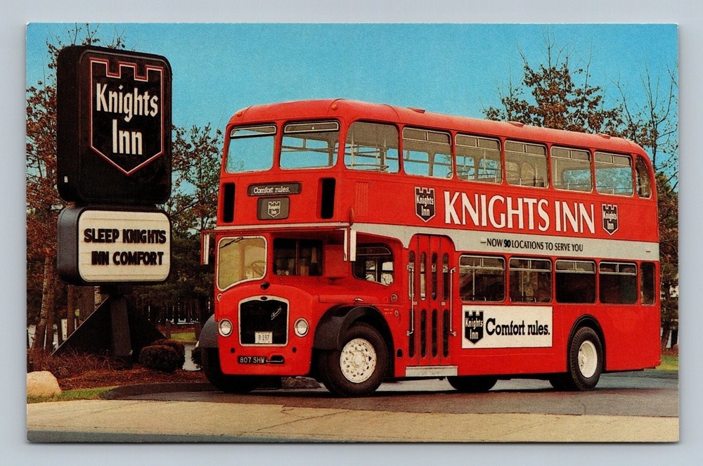 Vintage 1963 Bristol Double-Decker Bus Knights Inn Postcard