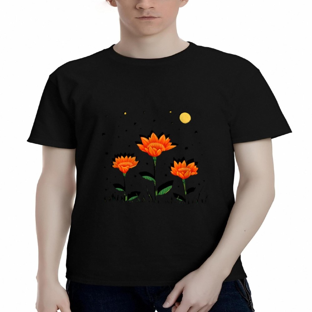 Men's Cotton Short Sleeve T-Shirt with Vibrant Orange Flowers Green Stems