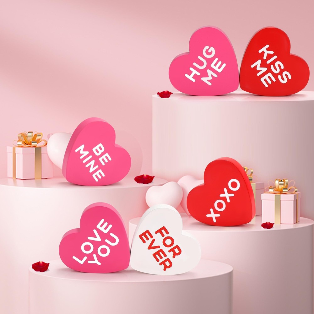 Valentines Day Table Sign Decor, 6 Piece Small Wooden Candy Heart Shaped Tabl...