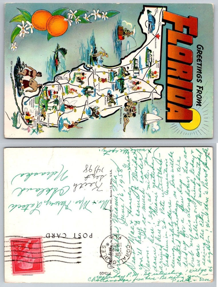 Vintage 1958 Florida Pictorial Map Postcard - Greetings from The Sunshine State