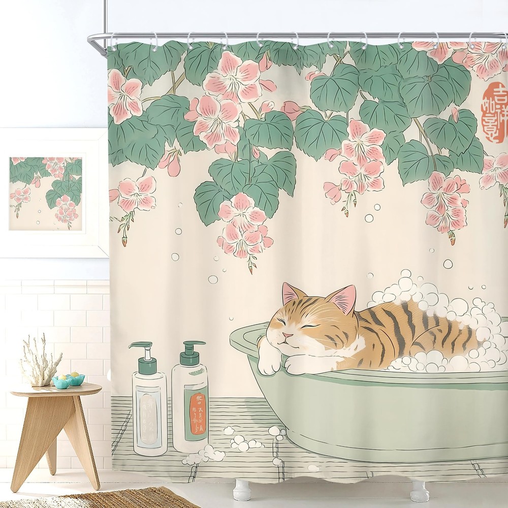 Japanese Cat Shower Curtain 72Wx72L Inch Kids Cute Funny Vintage Animal in Ba...