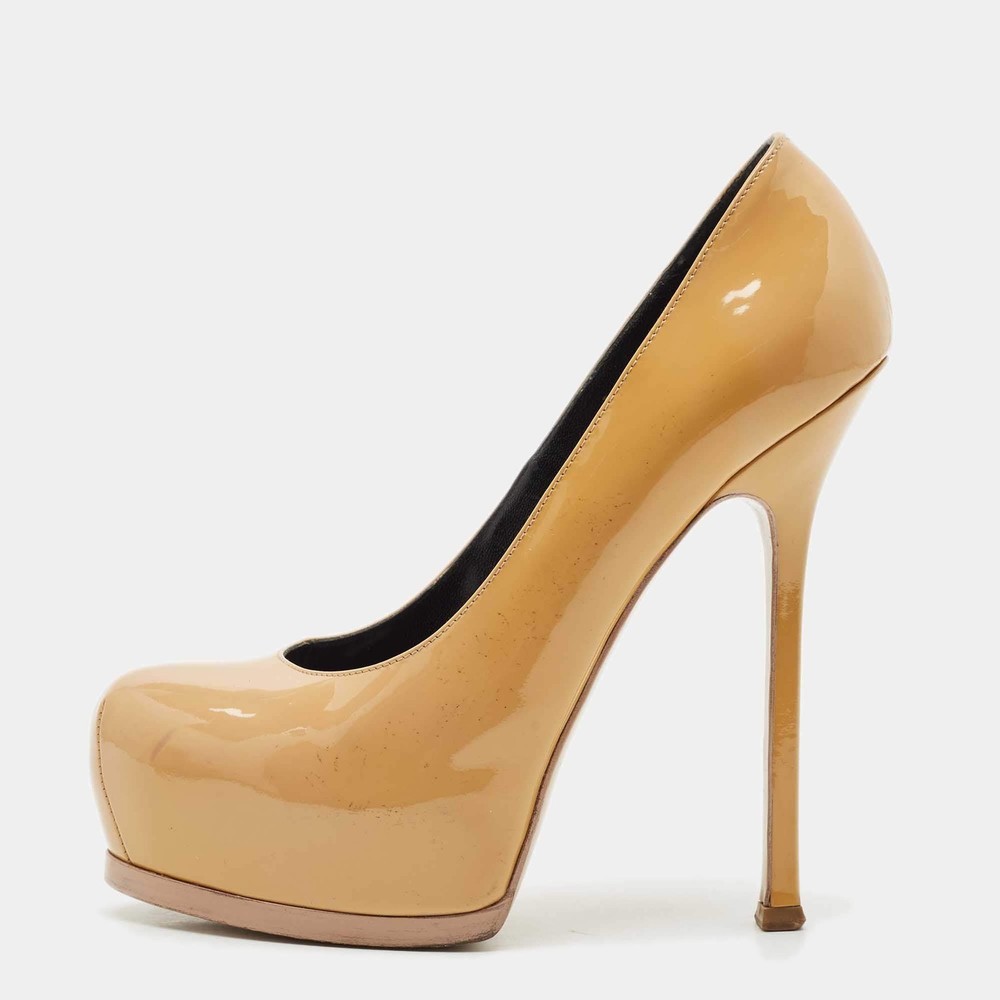 Saint Laurent Beige Patent Leather Tribtoo Platform Pumps Size 385