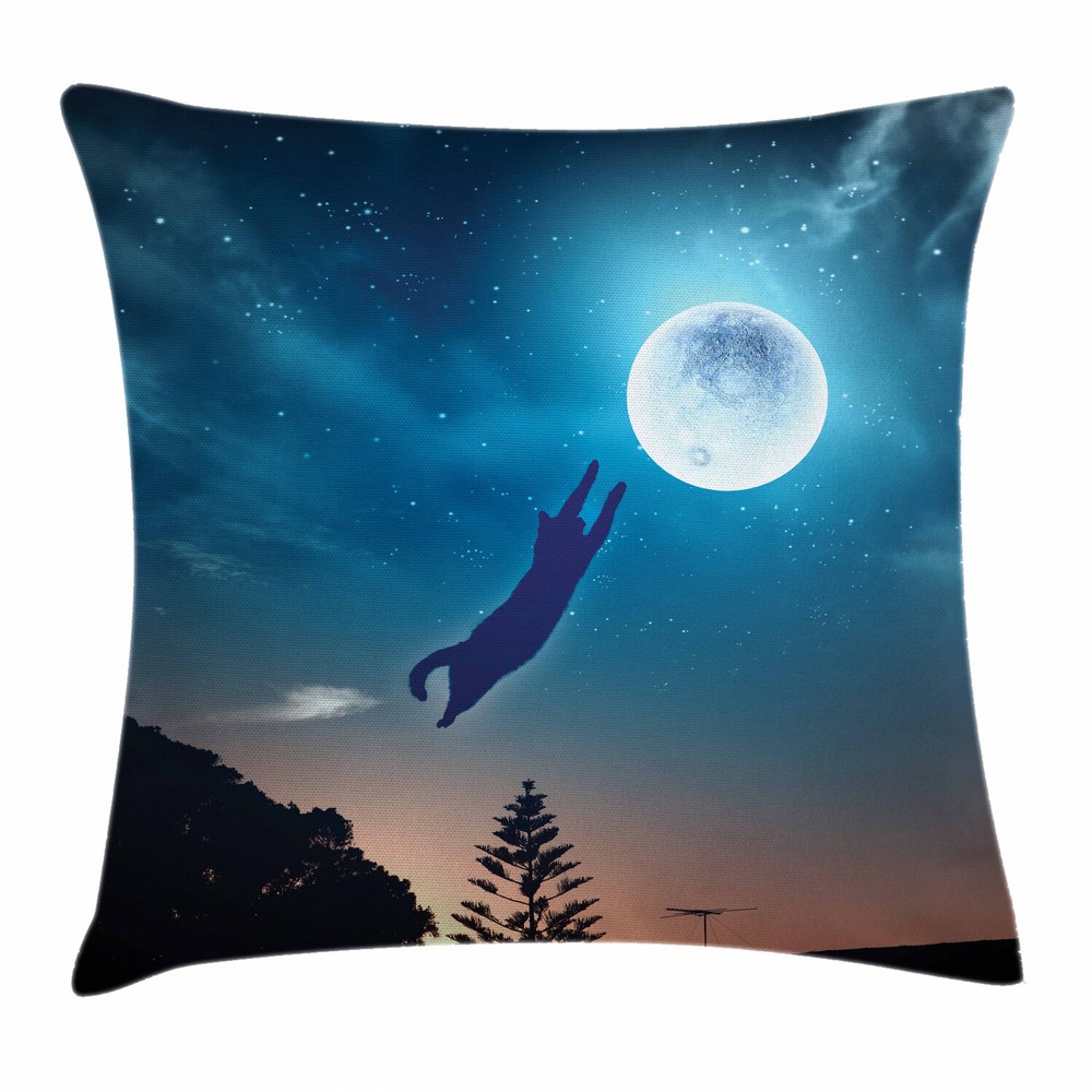 Humor Cat Chasing Moon Stars Square Pillow Cover 18 Inch