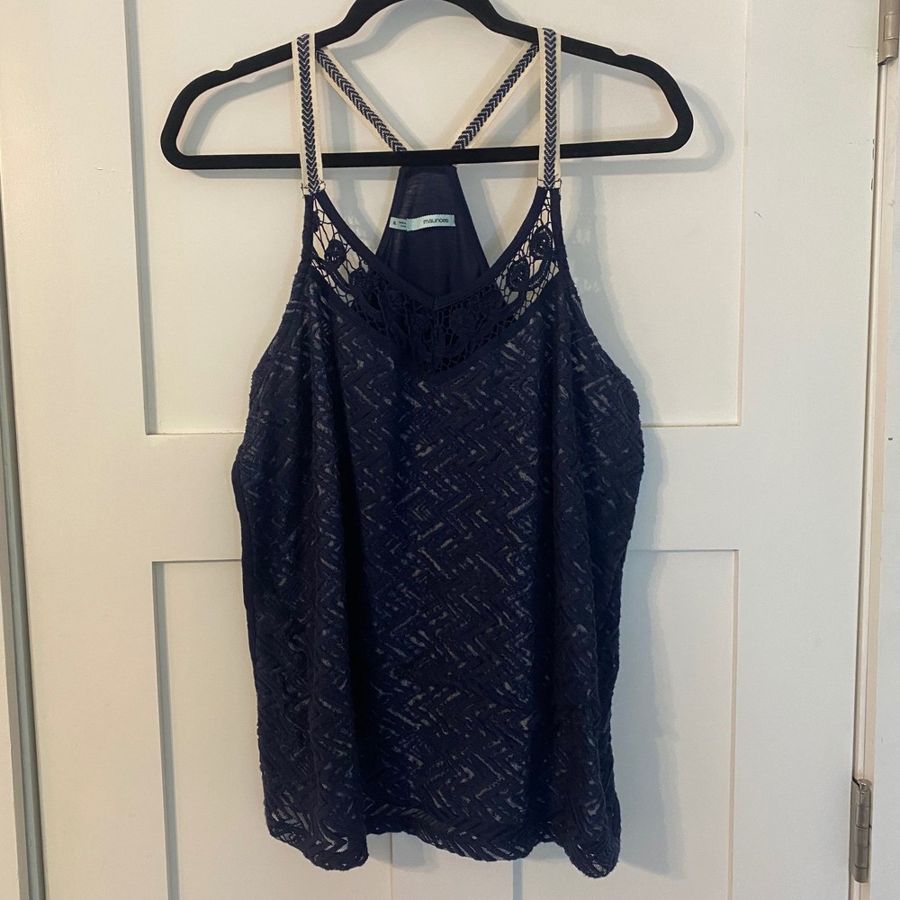 Maurices Navy Blue Lace Crochet Racerback Tank Top XL Boho Chevron Straps Cami