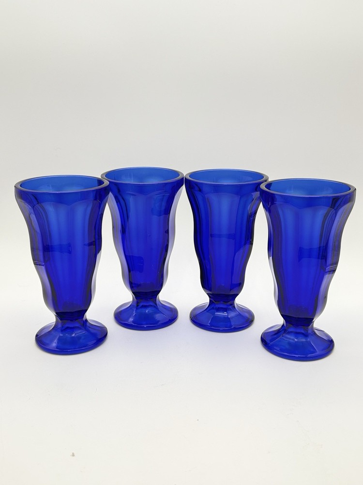 Set Of 4 Vintage Anchor Hocking Cobalt Blue Ice Cream Sundae Milk Shake Glasses