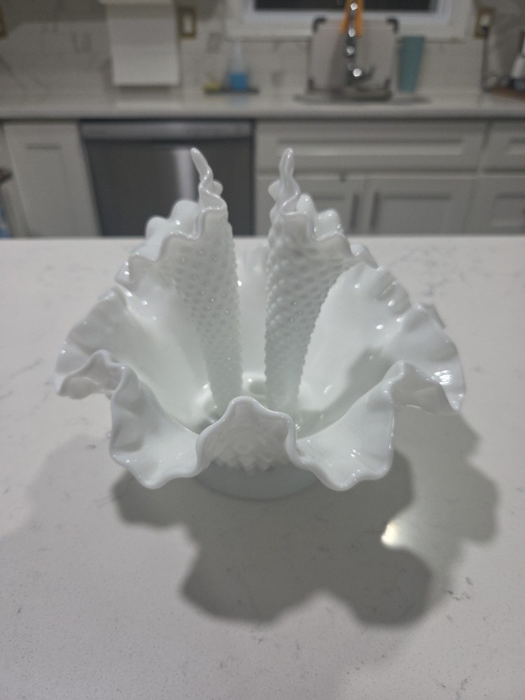 Vintage Fenton Hobnail Milk Glass Epergne Ruffled Bowl 2 Horned Vase, Art Glass