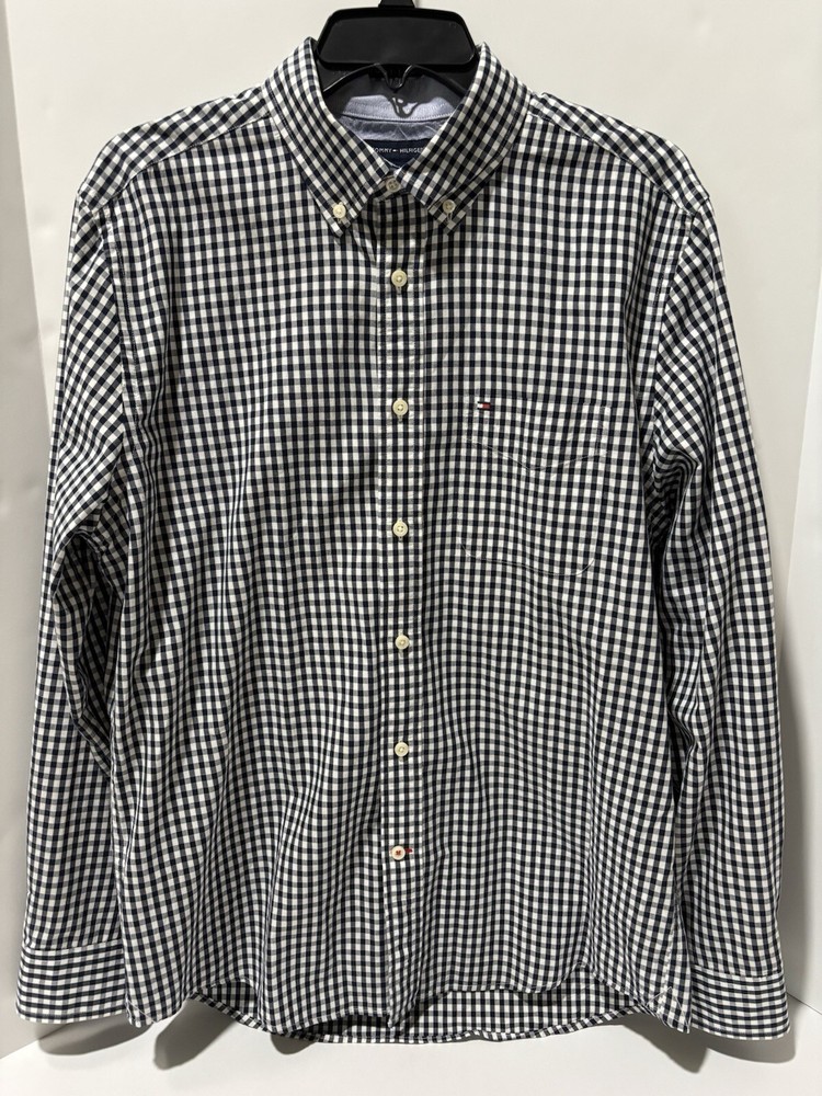 TOMMY HILFIGER Shirt Men's M Black White Gingham Button Collar L/S Preppy 46