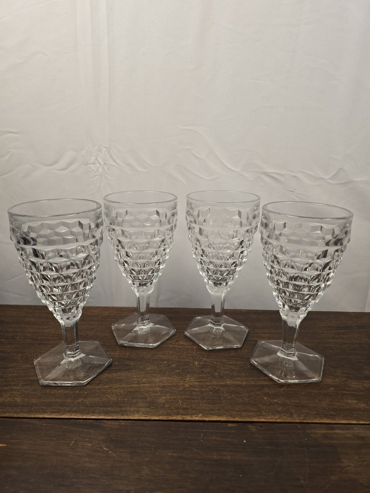 Set Of 4 VTG Fostoria American Clear Stem Water Goblet Glasses Cubist Pattern