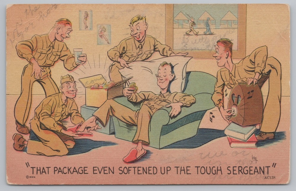 Military Comic~Soldiers Serving Sergeant~Package Softened Up~Vintage Postcard