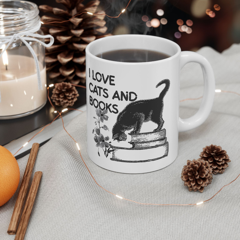 I Love Cats and Books Mug 11oz Ceramic Cute Black Cat Book Lover Coffee Cup Gift