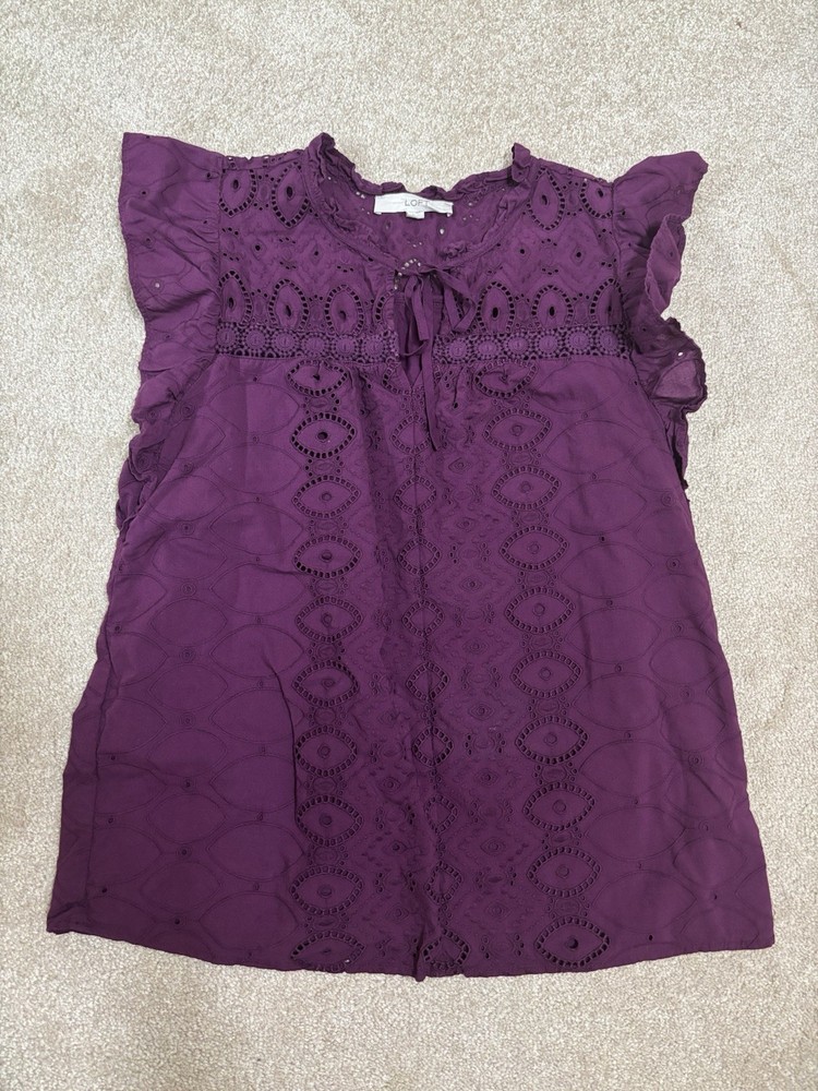 Loft Purple Eyelet Embroidered flutter ruffle detail blouse. Size XS