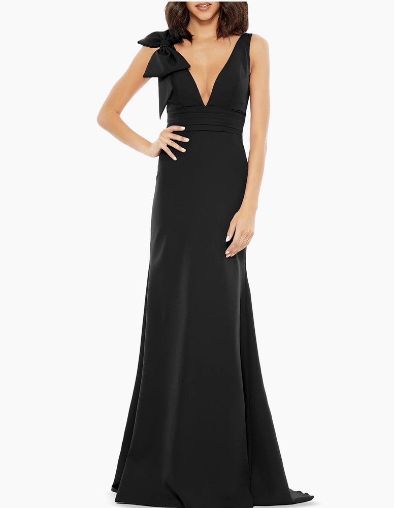 MAC DUGGAL Sleeveless BLACK V Neck BOW DETAIL Pleated CREPE Mermaid GOWN Size 10