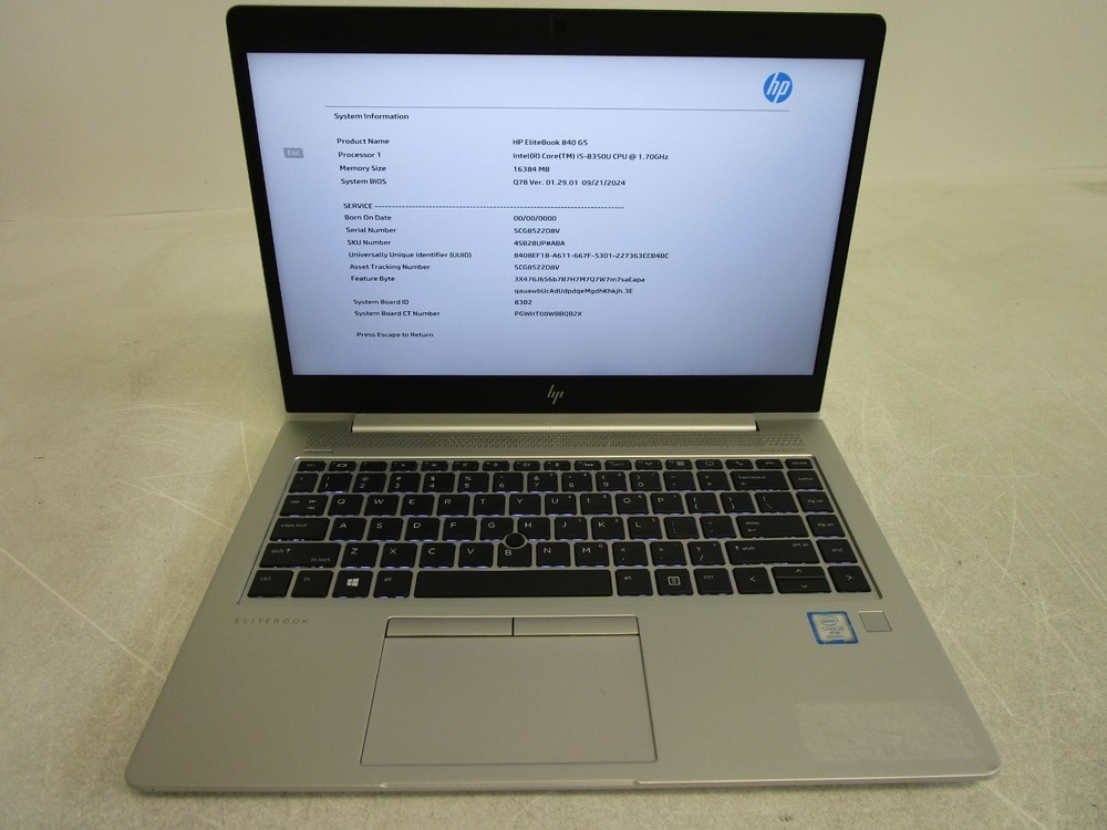 HP Elitebook 840 G5 Core i5-8350U 1.70GHz 16GB 256GB HD No Power Adapter