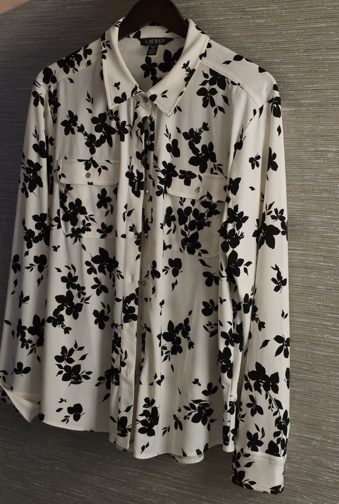 Lauren Ralph Lauren Women's XXL Black Floral Button-Up Shirt