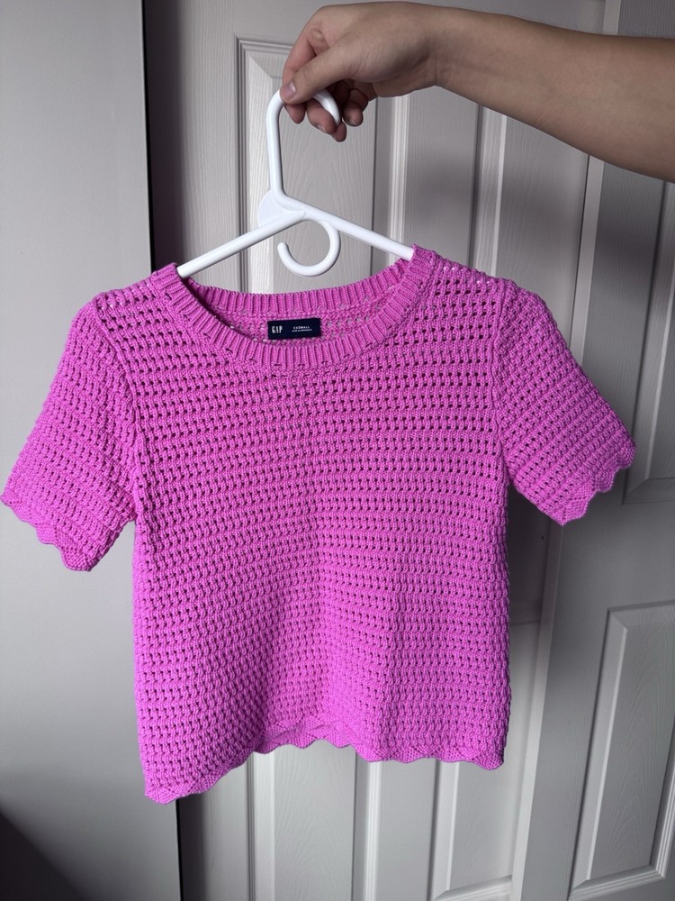 GAP Pink Crochet Knit Top Women XXS Short Sleeve 100% Cotton