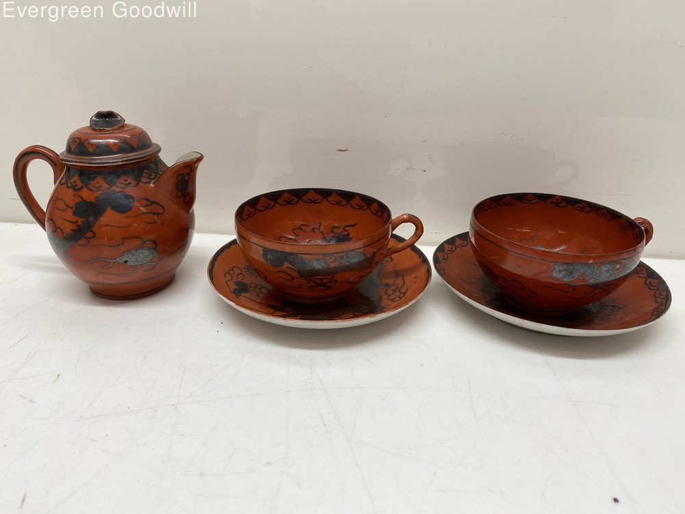Antique Japanese Eiraku Porcelain Red W/ Silver Dragons Meiji Period Signed 5pc.