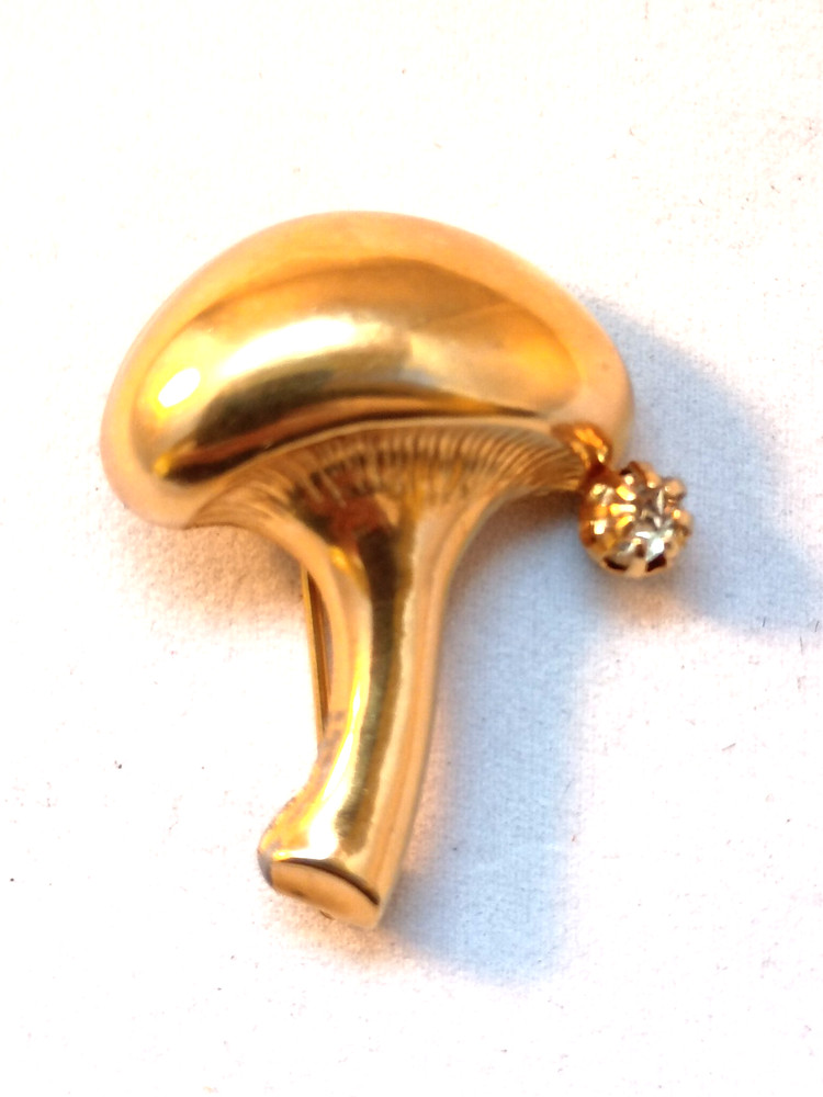 Vintage Gold Tone Mushroom with Rhinestone Pin Brooch Wrap Around Closure