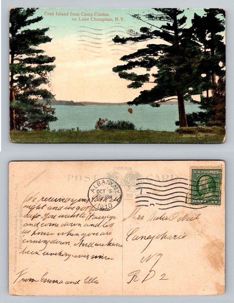 Lake Champlain, NY-New York Crab Island from Camp Clinton c1910 Vintage Postcard