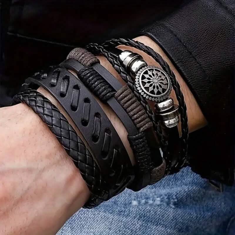 4-Piece Set: Exquisite Vintage-Style PU Leather Woven Handmade Charm Bracelets