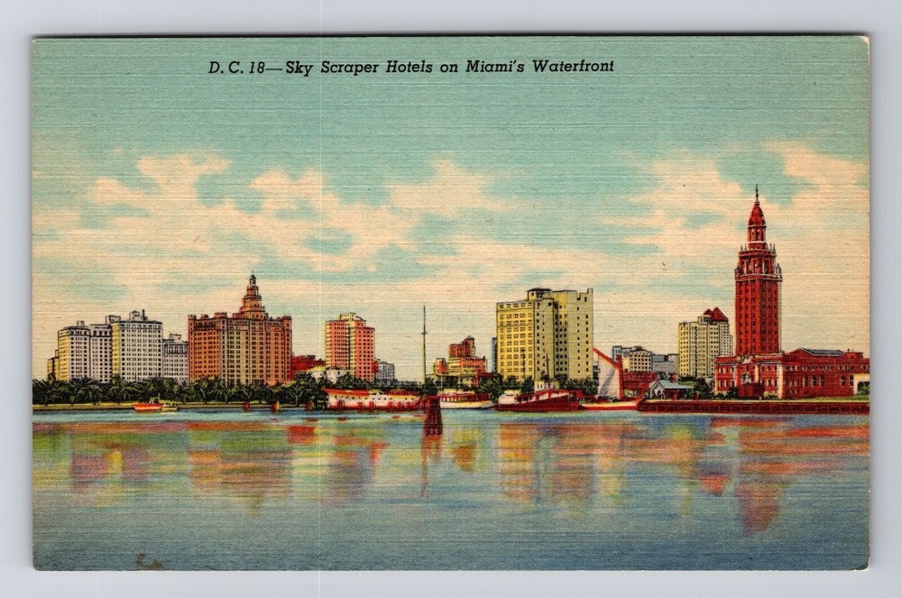 Miami FL-Florida, Sky Scraper Hotels on Waterfront, Vintage Postcard