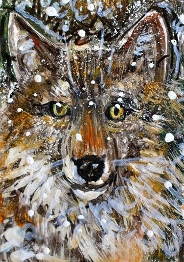 ORIGINAL ACEO Grey WOLF Painting Winter Snow Wild Dog Animal Tree Nature ART