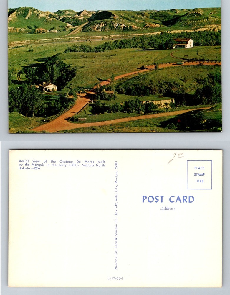 Medora, ND-North Dakota, Chateau de Mores Aerial Badlands Scene Vintage Postcard