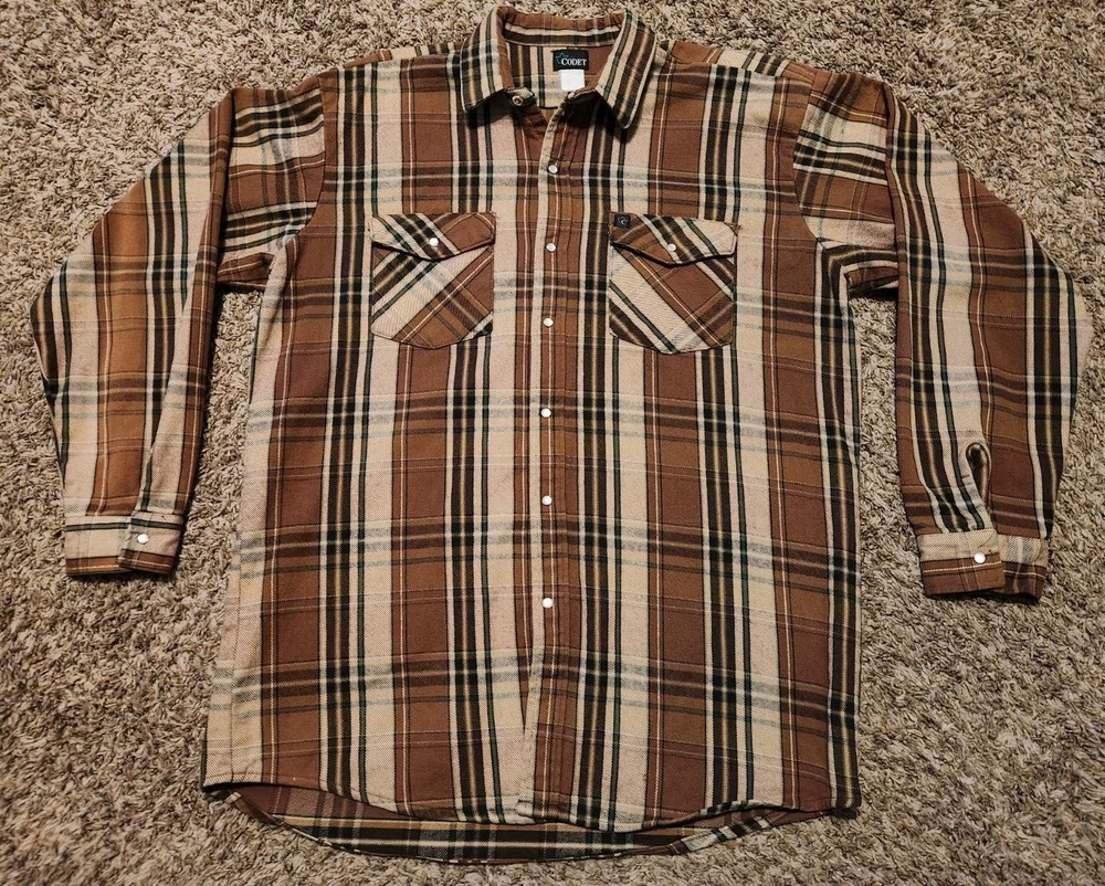 Vintage Codet Flannel Heavy Shirt Jacket Mens XL Button Up Brown Tan