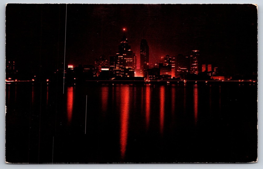Detroit Michigan~Red Night Skyline View Of The City Beautiful~Vintage Postcard