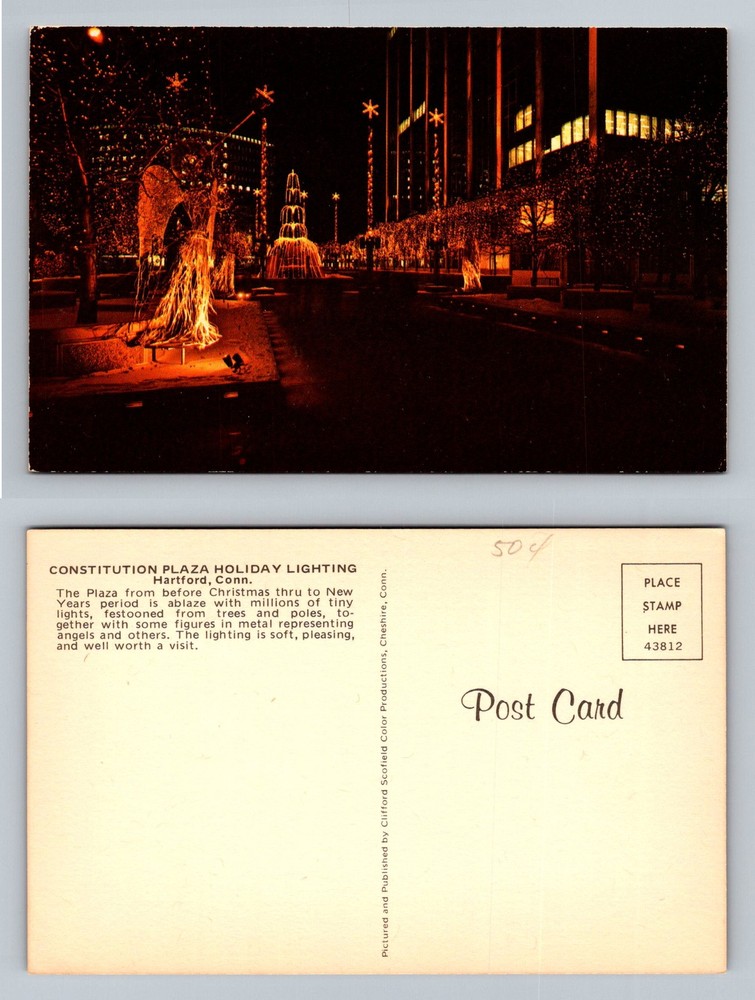 Hartford, CT-Connecticut, Constitution Plaza Holiday Lighting Vintage Postcard