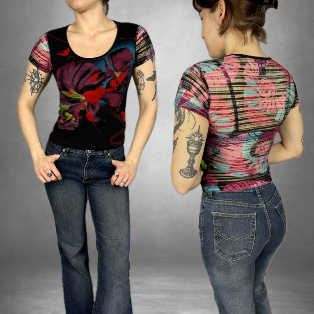 Custo Barcelona Y2K Flower Graphic Print Mesh Top Tee